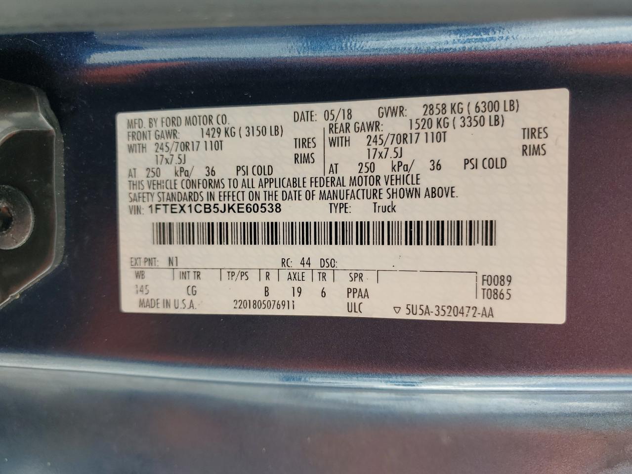 2018 Ford F150 Super Cab VIN: 1FTEX1CB5JKE60538 Lot: 85170275