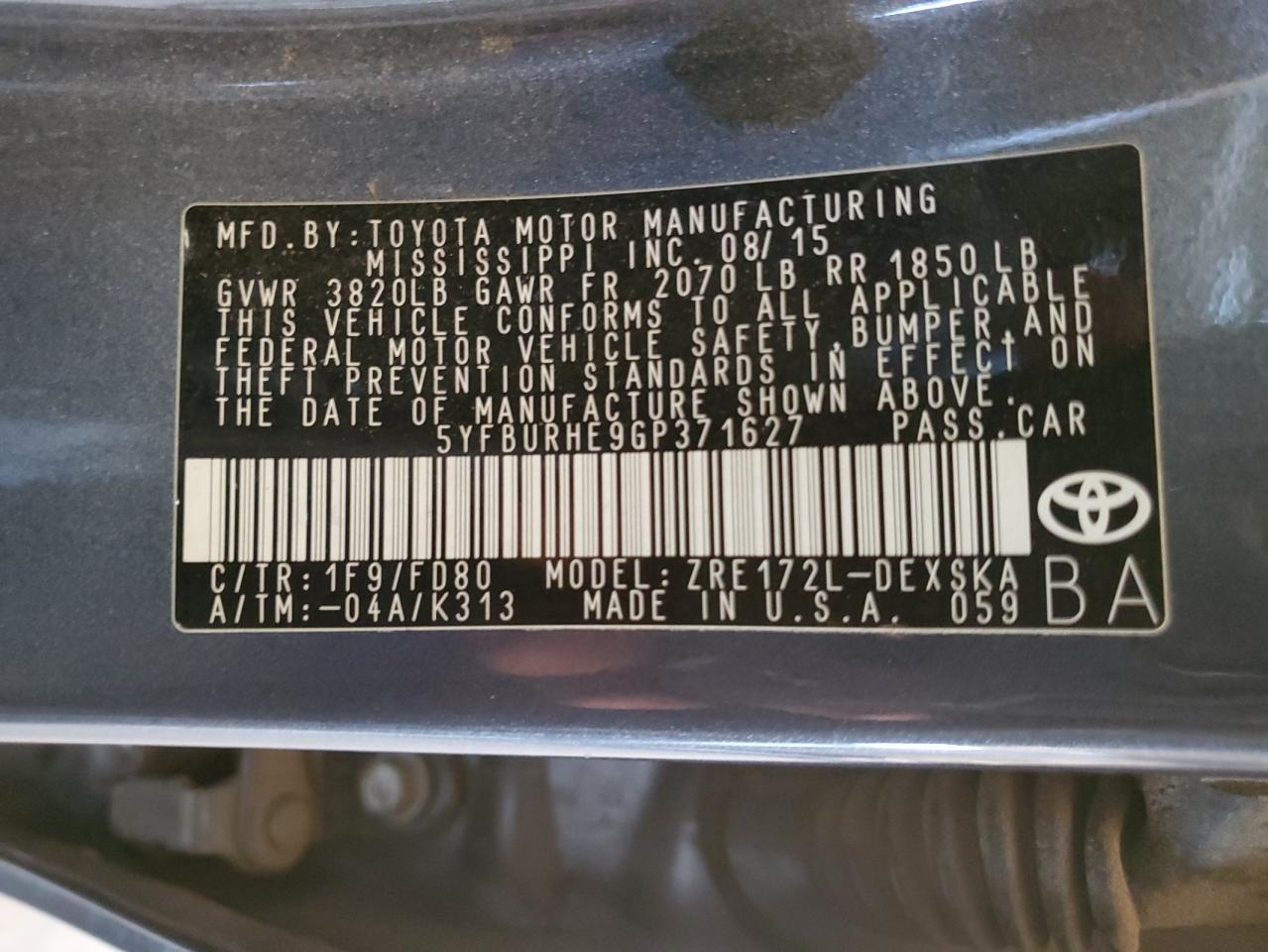 2016 Toyota Corolla L VIN: 5YFBURHE9GP371627 Lot: 85198825