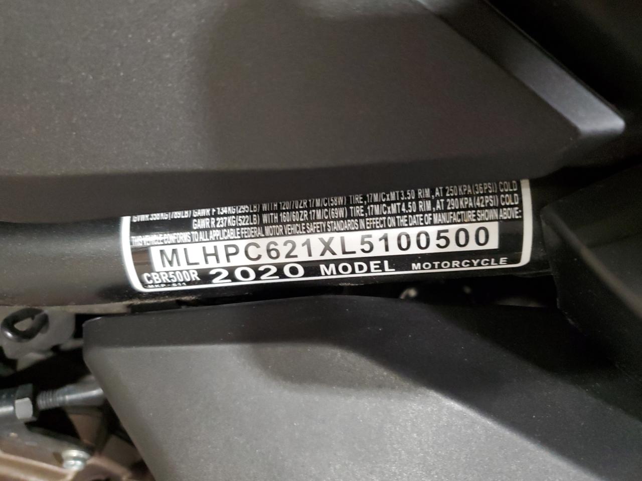 2020 Honda Cbr500 R VIN: MLHPC621XL5100500 Lot: 87290975