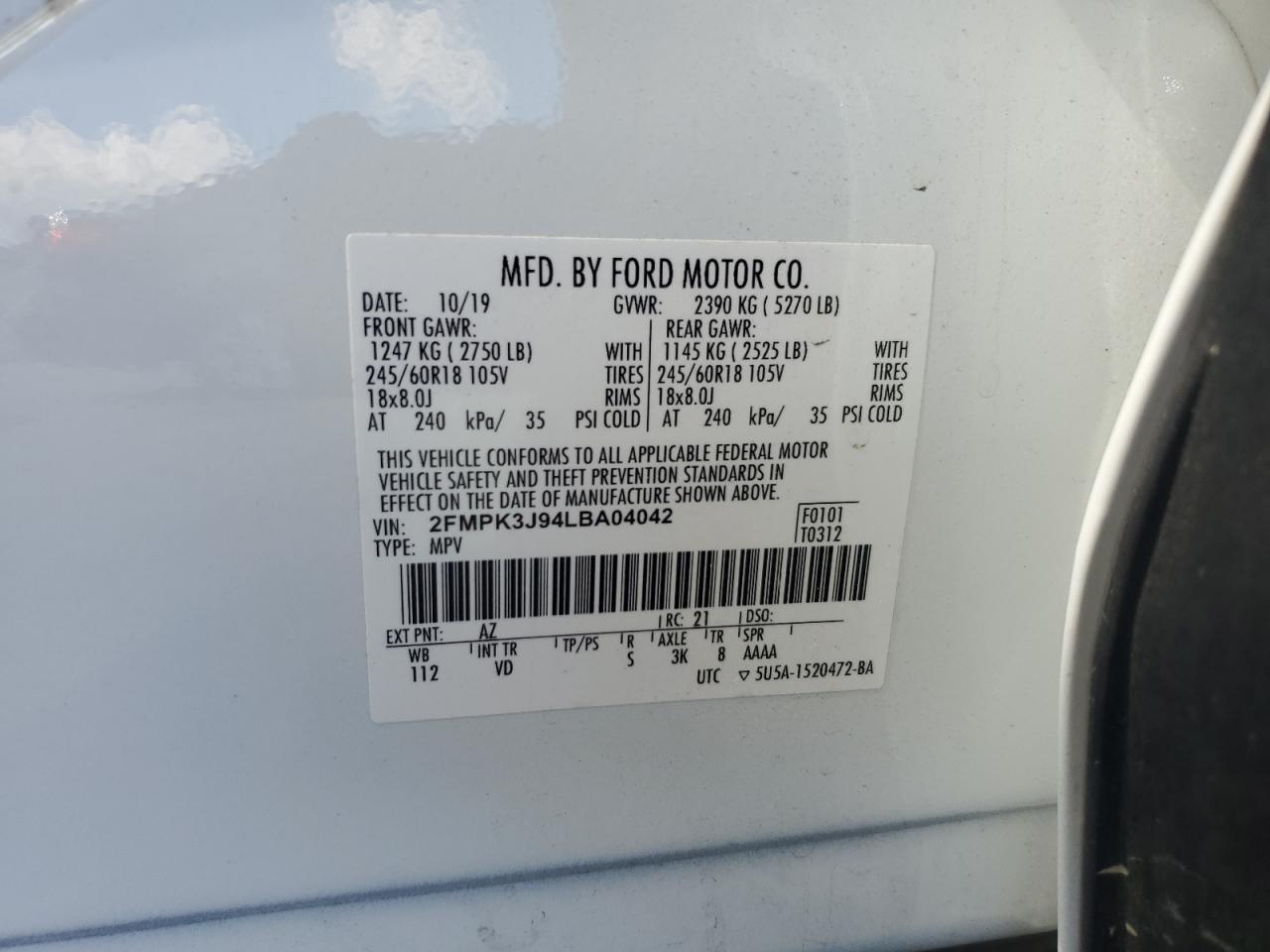 2020 Ford Edge Sel VIN: 2FMPK3J94LBA04042 Lot: 81529425