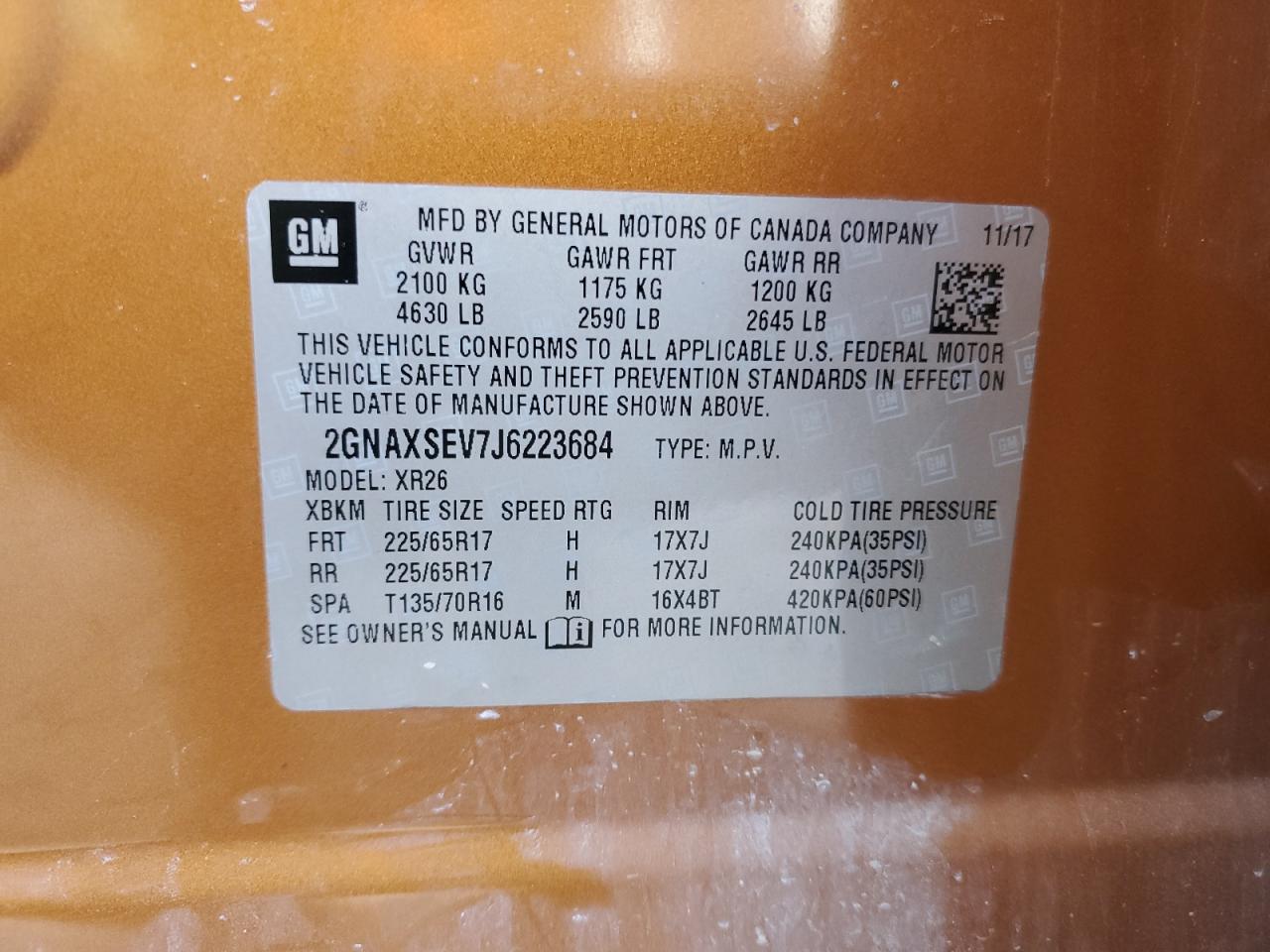 2018 Chevrolet Equinox Lt VIN: 2GNAXSEV7J6223684 Lot: 81978135