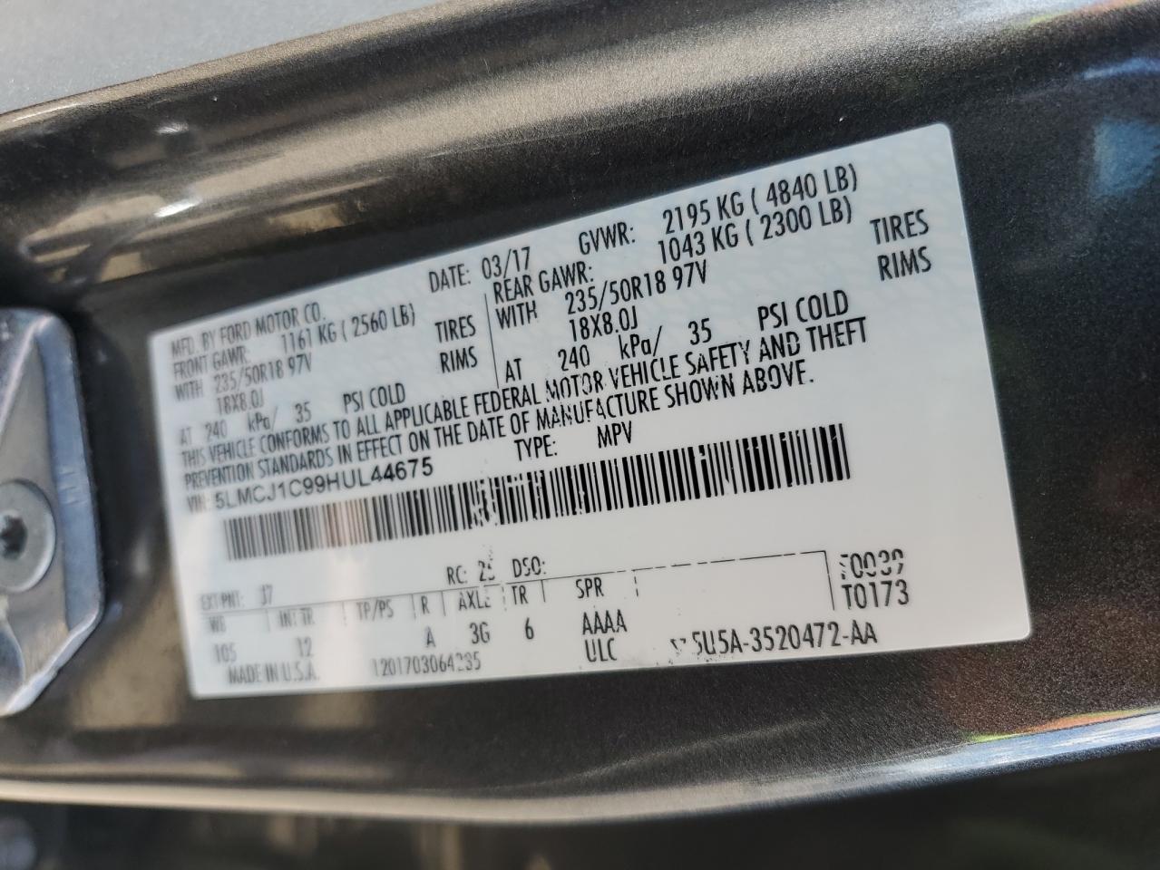 2017 Lincoln Mkc Premiere VIN: 5LMCJ1C99HUL44675 Lot: 84819925