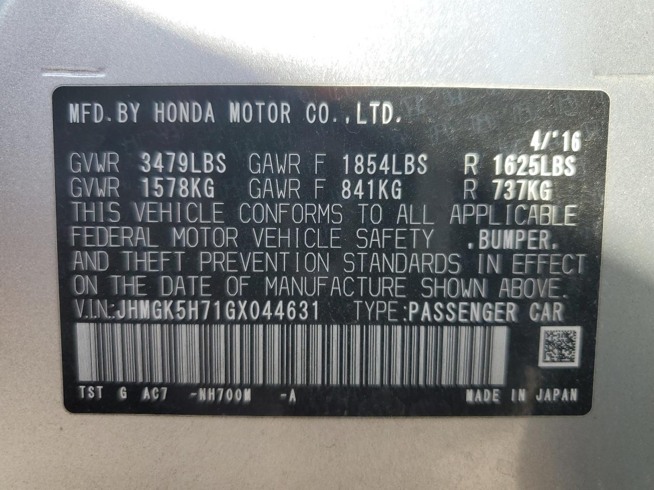 2016 Honda Fit Ex VIN: JHMGK5H71GX044631 Lot: 82387225