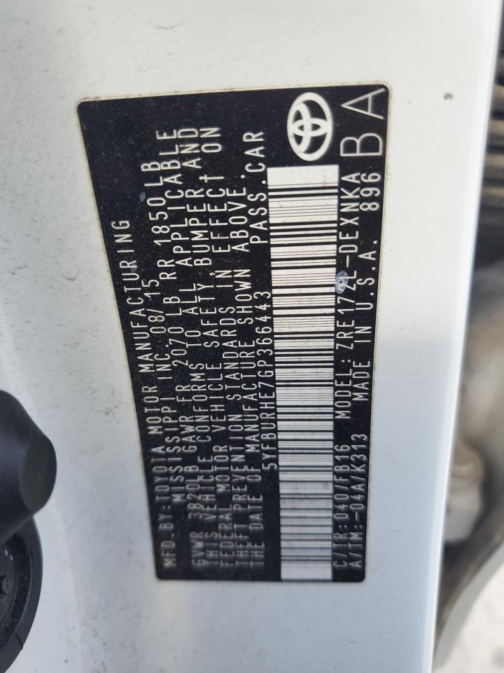 2016 Toyota Corolla L VIN: 5YFBURHE7GP366443 Lot: 84966485