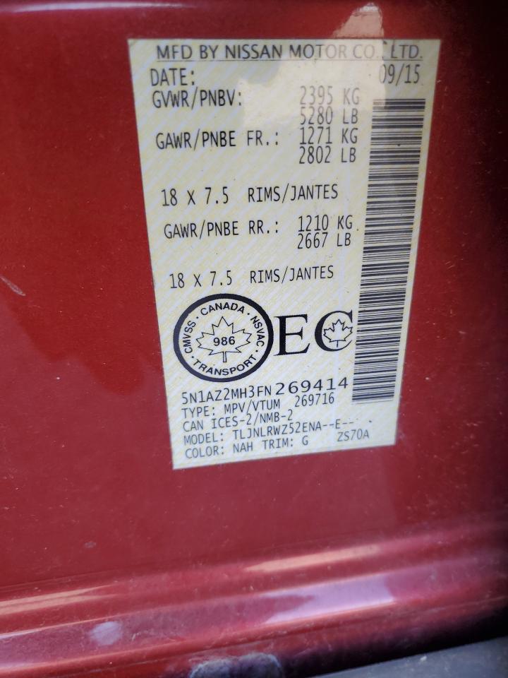 2015 Nissan Murano S VIN: 5N1AZ2MH3FN269414 Lot: 84654315