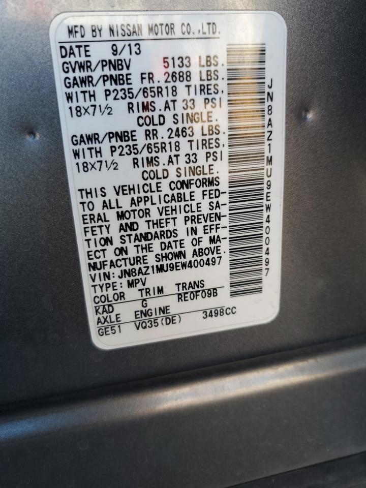 2014 Nissan Murano S VIN: JN8AZ1MU9EW400497 Lot: 85331985