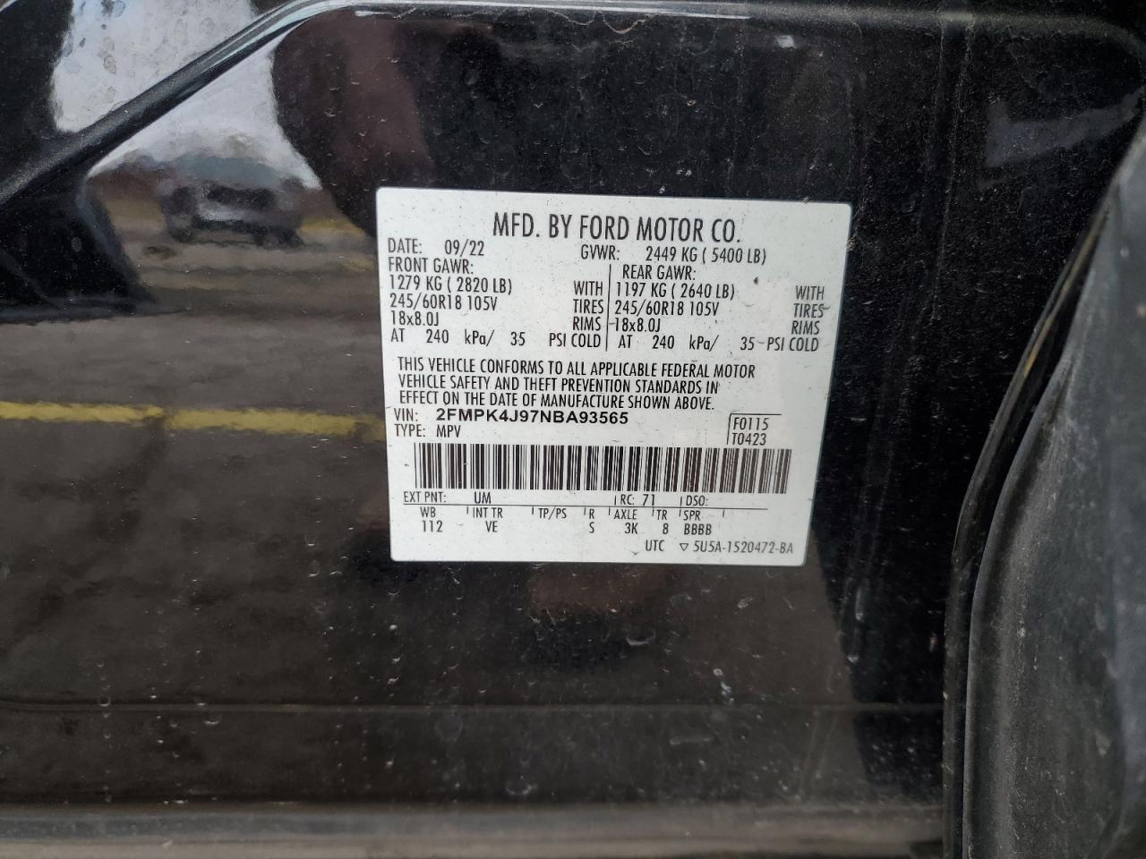 2022 Ford Edge Sel VIN: 2FMPK4J97NBA93565 Lot: 89811825