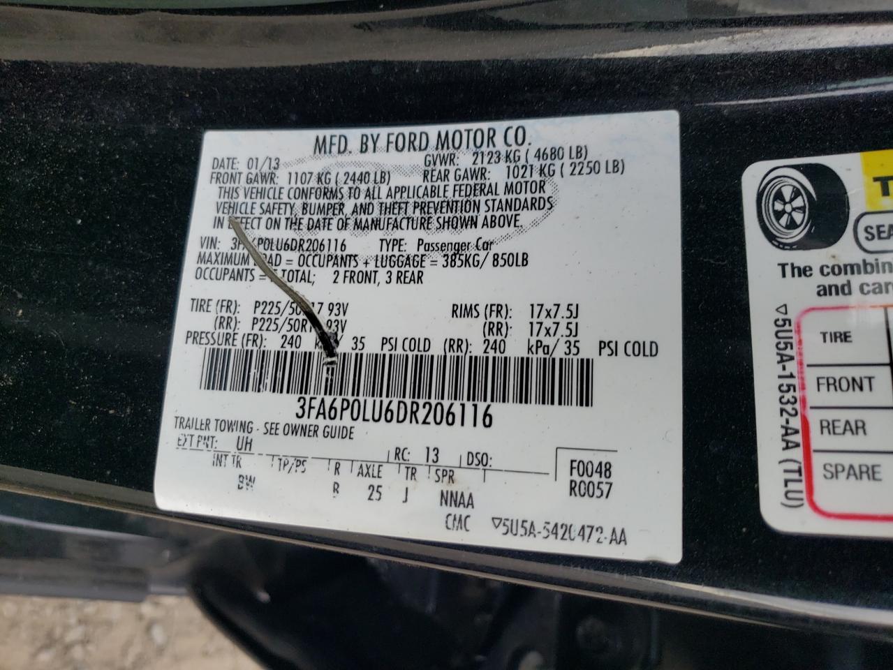 2012 Ford Fusion Se Hybrid VIN: 3FA6P0LU6DR206116 Lot: 90619505