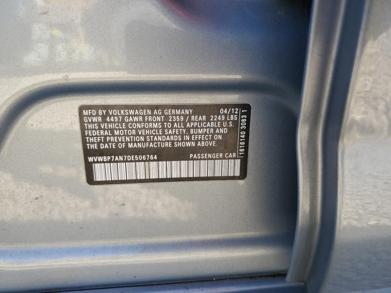 2013 Volkswagen Cc Sport VIN: WVWBP7AN7DE506764 Lot: 85575075