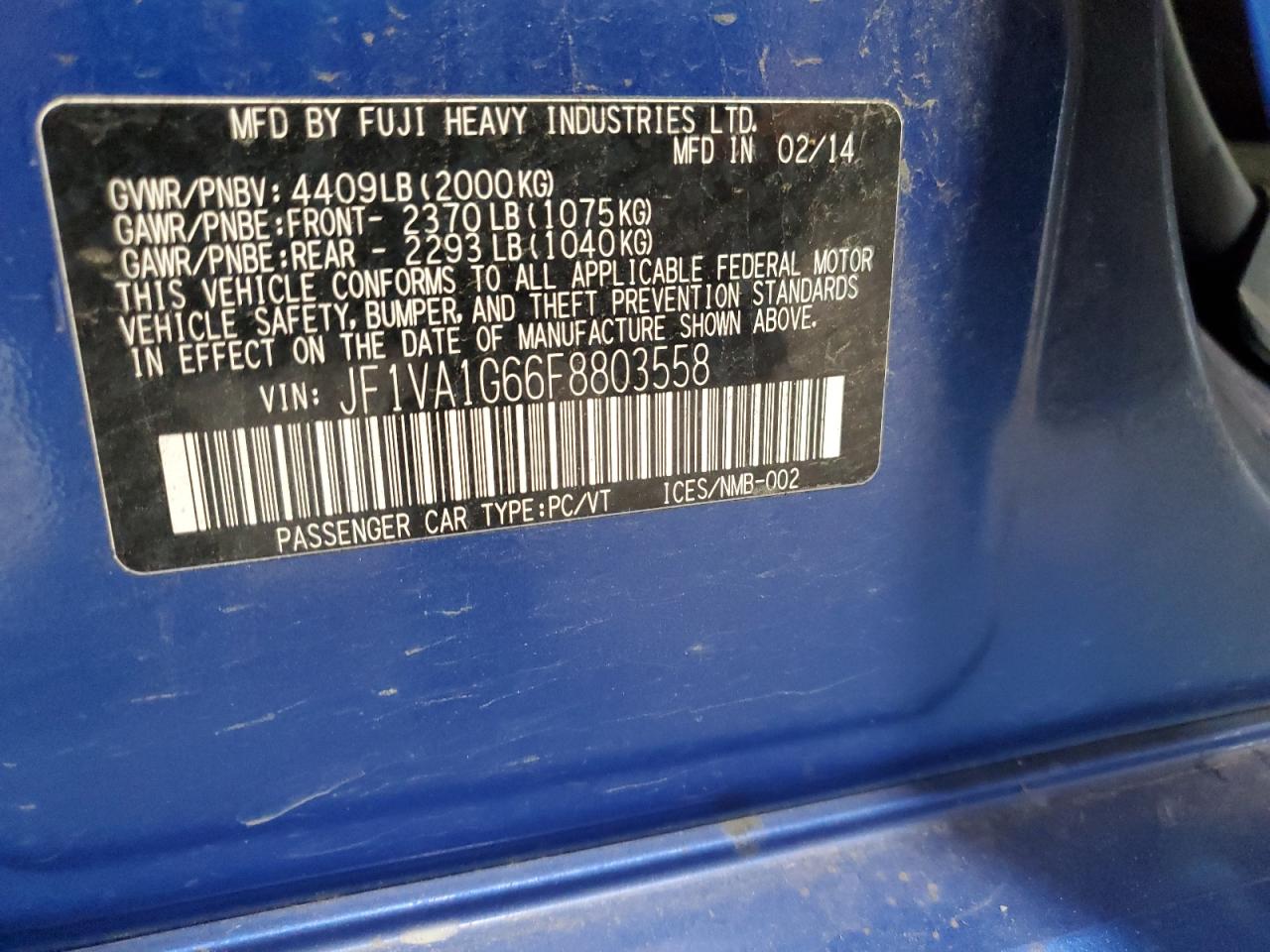 2015 Subaru Wrx Limited VIN: JF1VA1G66F8803558 Lot: 81956605