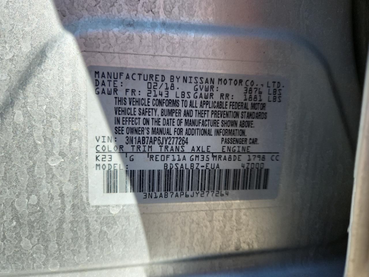 2018 Nissan Sentra S VIN: 3N1AB7AP6JY277264 Lot: 85598835