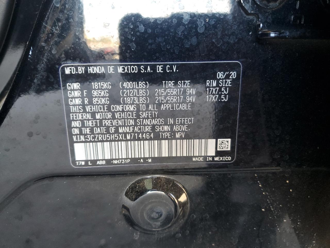 2020 Honda Hr-V Ex VIN: 3CZRU5H5XLM714464 Lot: 89575195