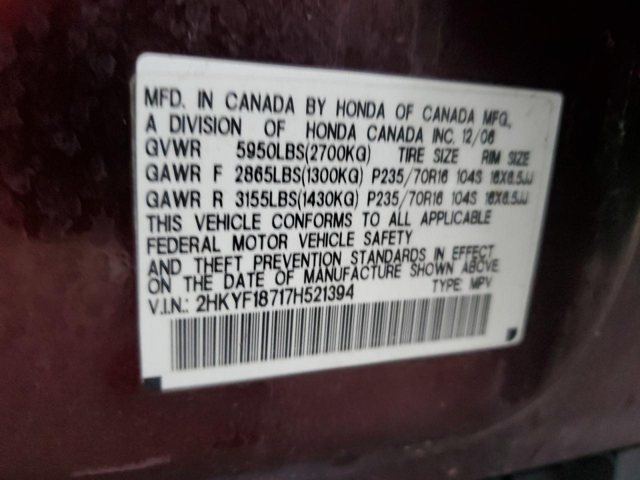 2007 Honda Pilot Exl VIN: 2HKYF18717H521394 Lot: 85556255