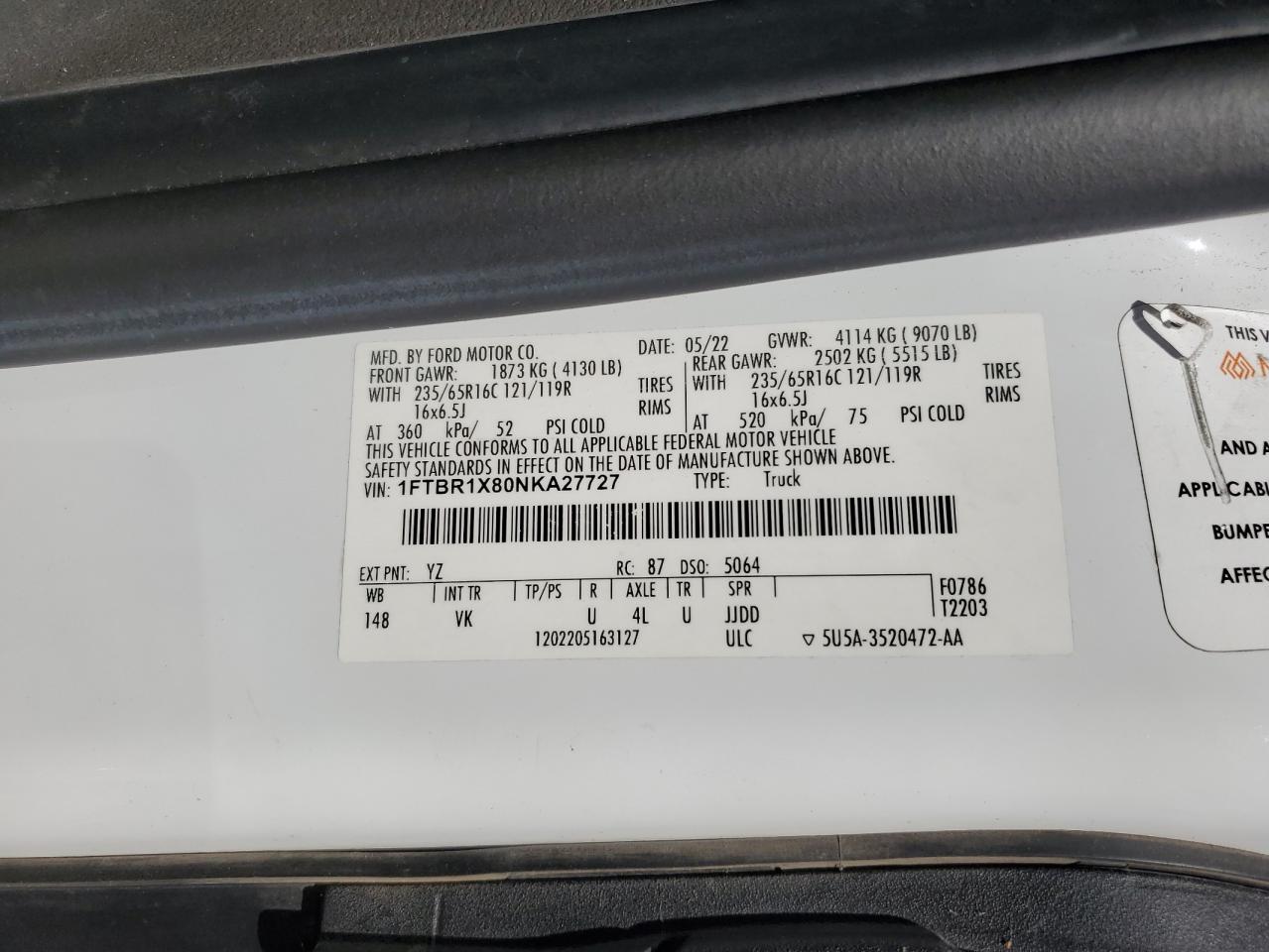 2022 Ford Transit T-250 VIN: 1FTBR1X80NKA27727 Lot: 84483865