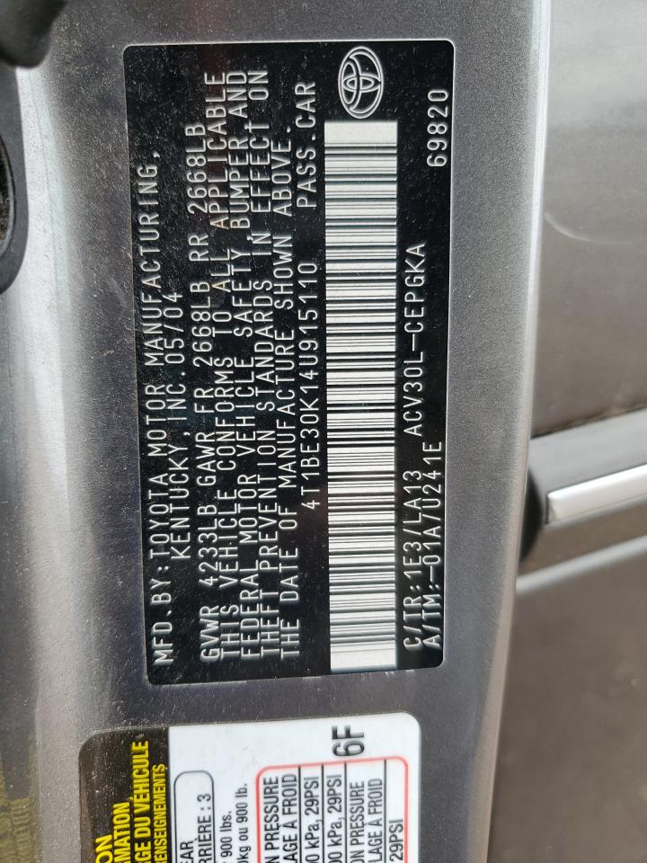 2004 Toyota Camry Le VIN: 4T1BE30K14U915110 Lot: 82269235