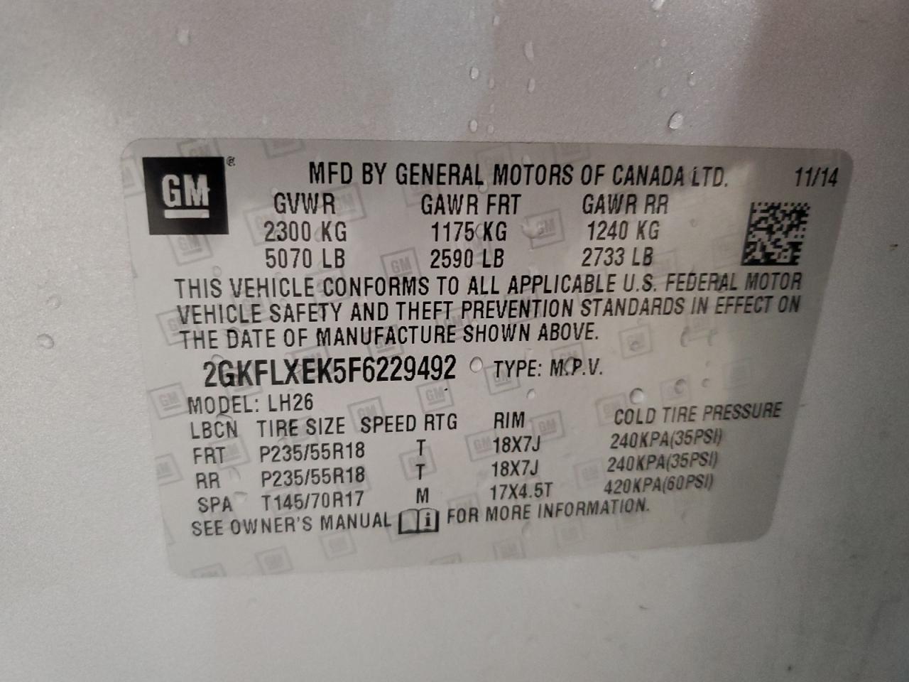 2015 GMC Terrain Slt VIN: 2GKFLXEK5F6229492 Lot: 85851205