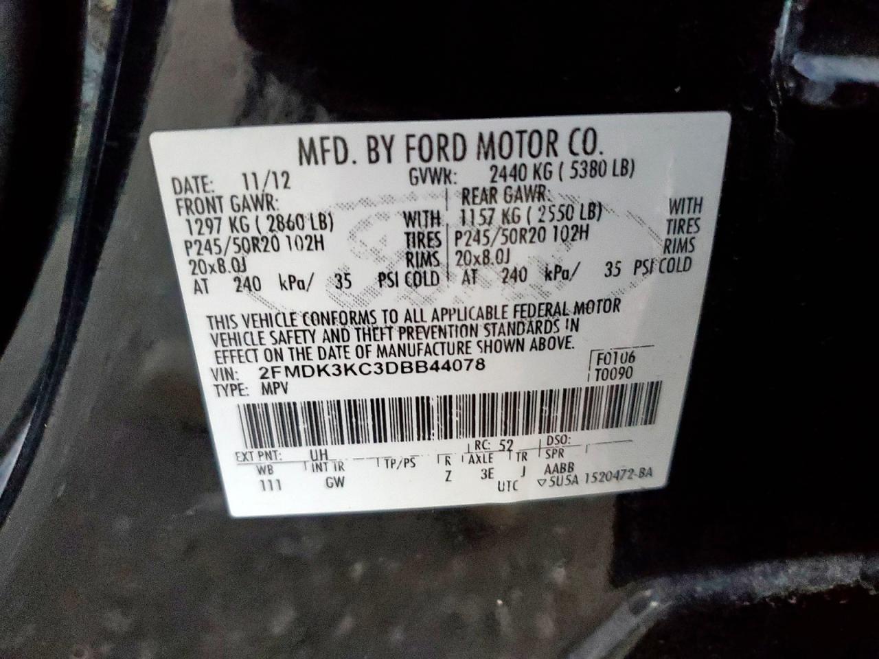 2013 Ford Edge Limited VIN: 2FMDK3KC3DBB44078 Lot: 89914165