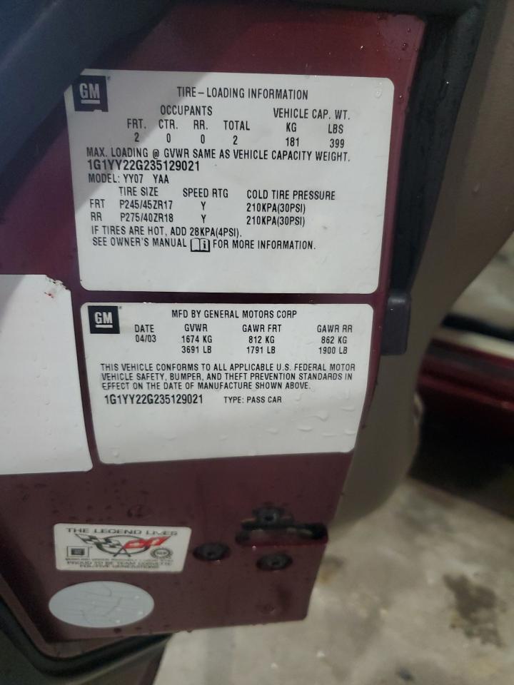 2003 Chevrolet Corvette VIN: 1G1YY22G235129021 Lot: 85600875