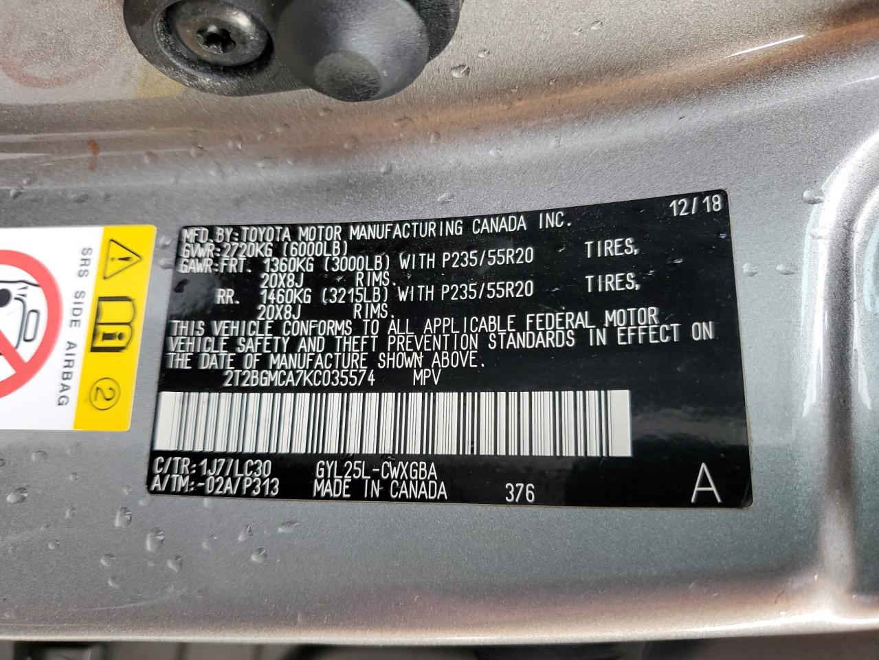 2019 Lexus Rx 450H Base VIN: 2T2BGMCA7KC035574 Lot: 86848085