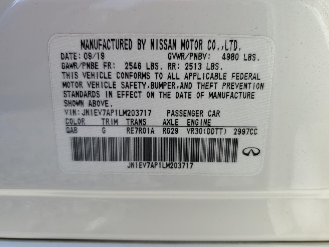 2020 Infiniti Q50 Pure VIN: JN1EV7AP1LM203717 Lot: 83983075