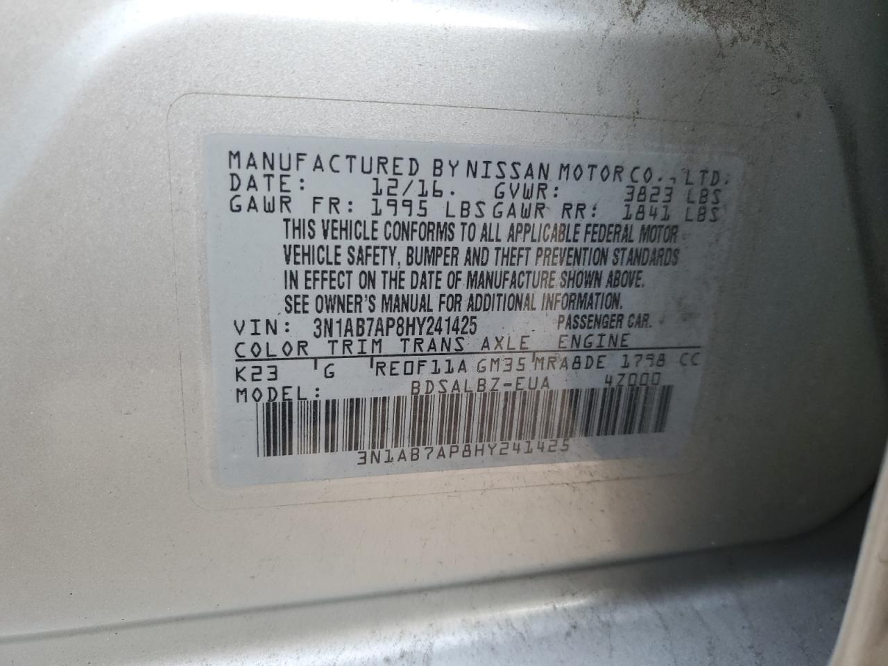 2017 Nissan Sentra S VIN: 3N1AB7AP8HY241425 Lot: 85761195