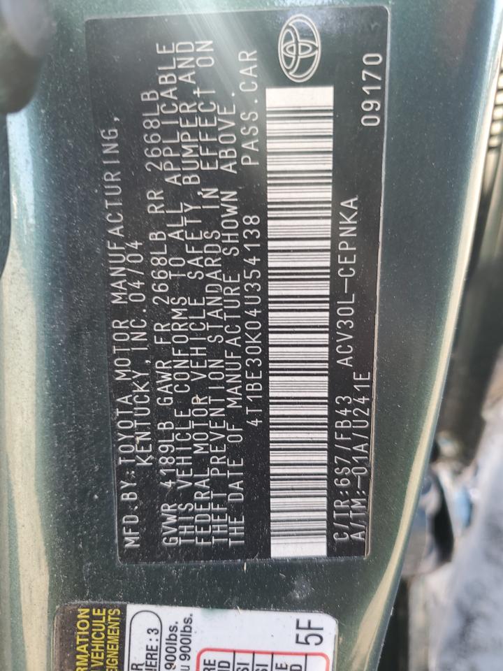 2004 Toyota Camry Le VIN: 4T1BE30K04U354138 Lot: 82225555