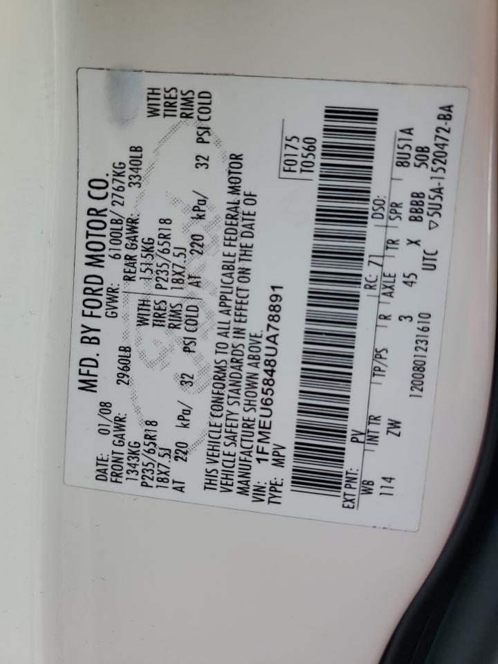 2008 Ford Explorer Limited VIN: 1FMEU65848UA78891 Lot: 86147405