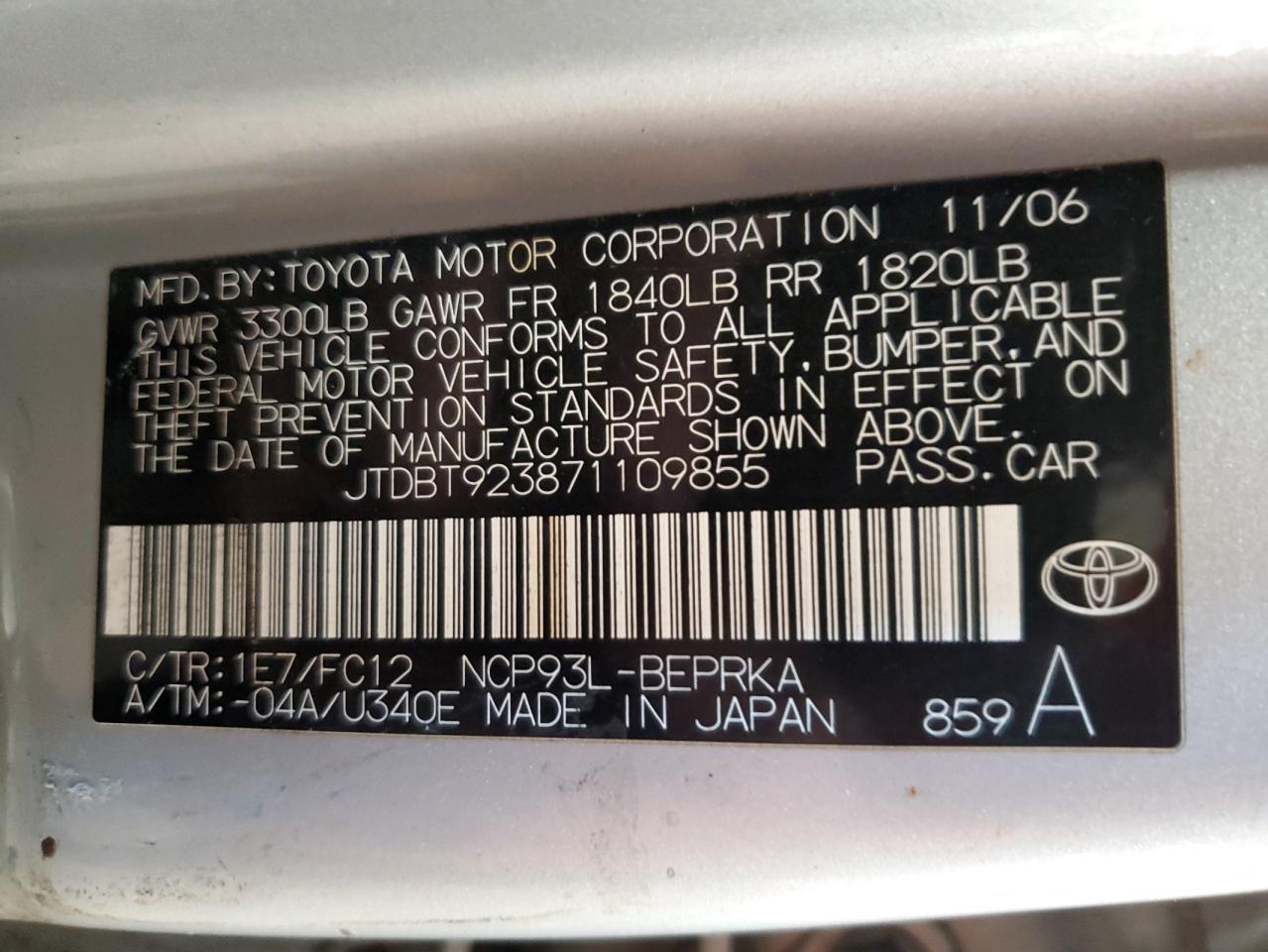 2007 Toyota Yaris VIN: JTDBT923871109855 Lot: 82330445