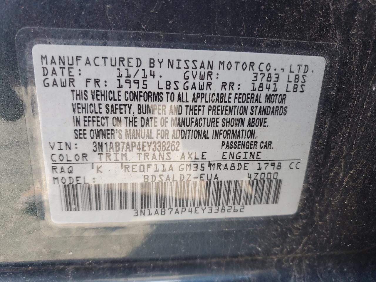 2014 Nissan Sentra S VIN: 3N1AB7AP4EY338262 Lot: 82415425