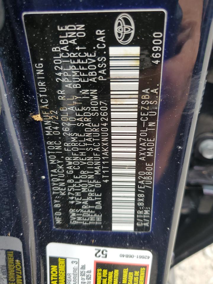 2022 Toyota Camry Se VIN: 4T1T11AKXNU042607 Lot: 82202205