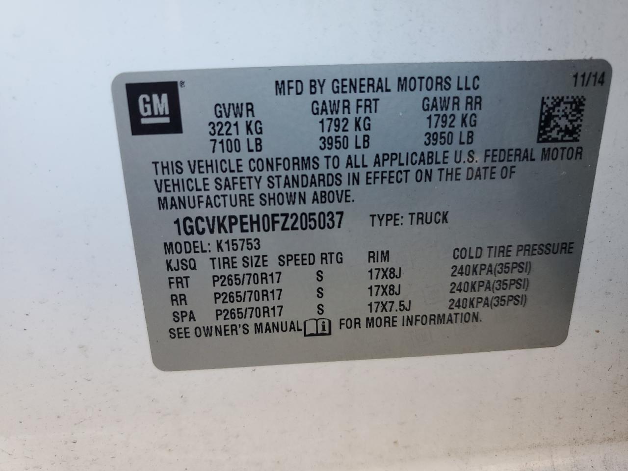 2015 Chevrolet Silverado K1500 VIN: 1GCVKPEH0FZ205037 Lot: 85388455