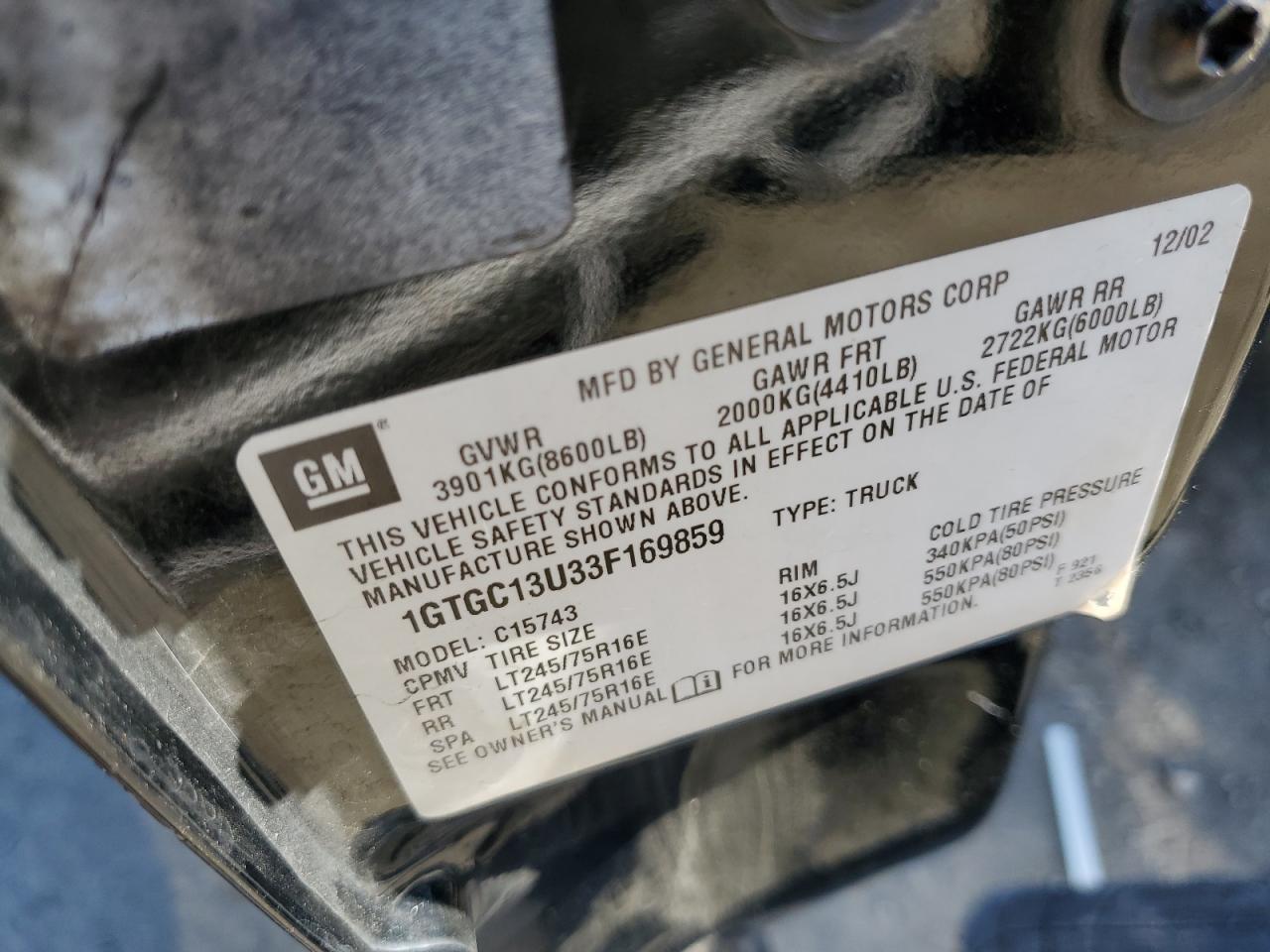 2003 GMC Sierra C1500 Heavy Duty VIN: 1GTGC13U33F169859 Lot: 87107195