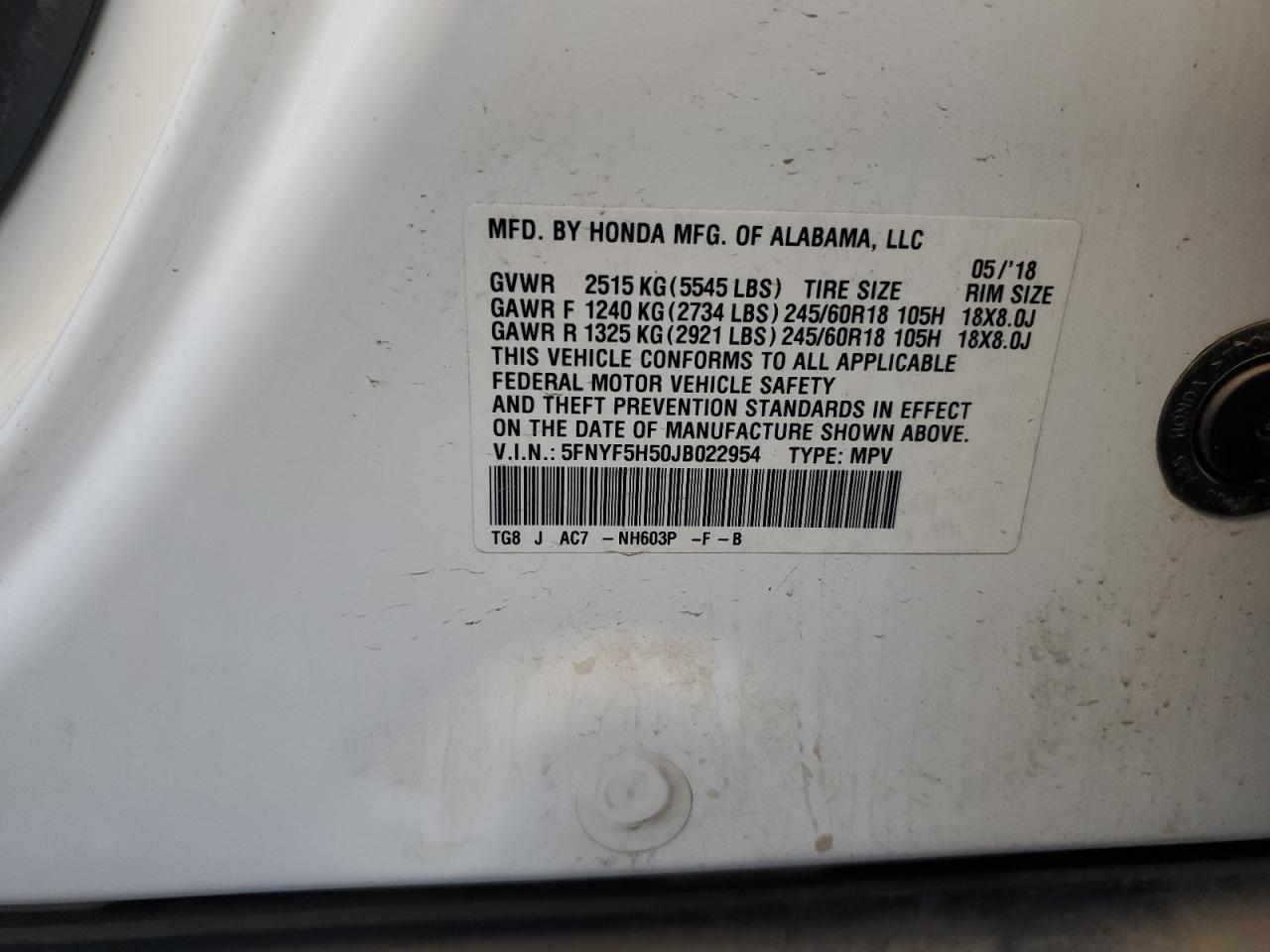 2018 Honda Pilot Exl VIN: 5FNYF5H50JB022954 Lot: 90652505