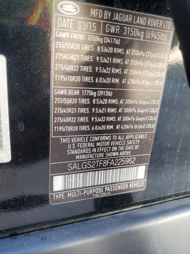 2015 Land Rover Range Rover Supercharged VIN: SALGS2TF8FA225962 Lot: 85902985