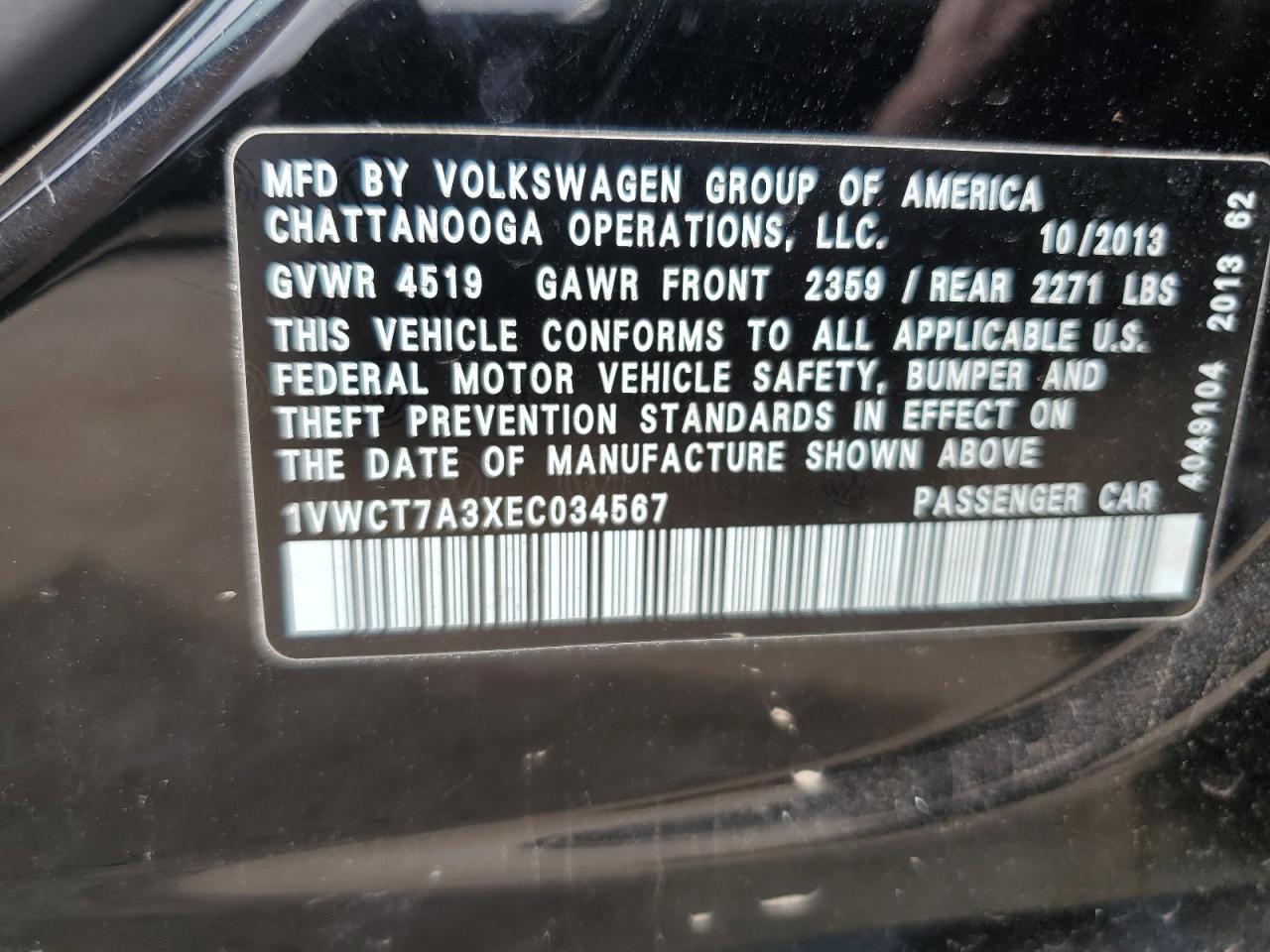 2014 Volkswagen Passat Sel VIN: 1VWCT7A3XEC034567 Lot: 84624735