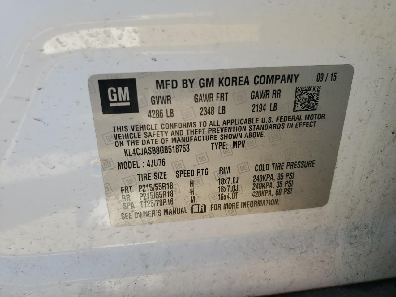 2016 Buick Encore VIN: KL4CJASB8GB518753 Lot: 85865725