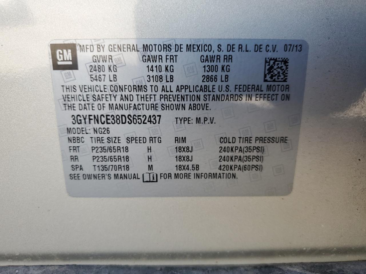 2013 Cadillac Srx Luxury Collection VIN: 3GYFNCE38DS652437 Lot: 86693995