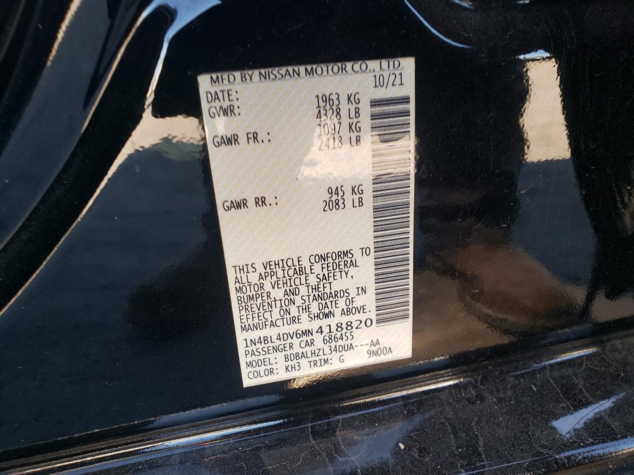 2021 Nissan Altima Sv VIN: 1N4BL4DV6MN418820 Lot: 82394695