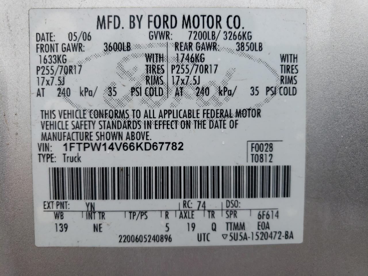 2006 Ford F150 Supercrew VIN: 1FTPW14V66KD67782 Lot: 86185675