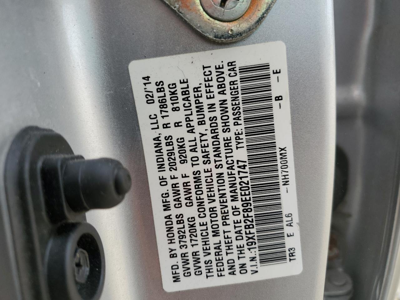 2014 Honda Civic Ex VIN: 19XFB2F89EE021747 Lot: 82396425