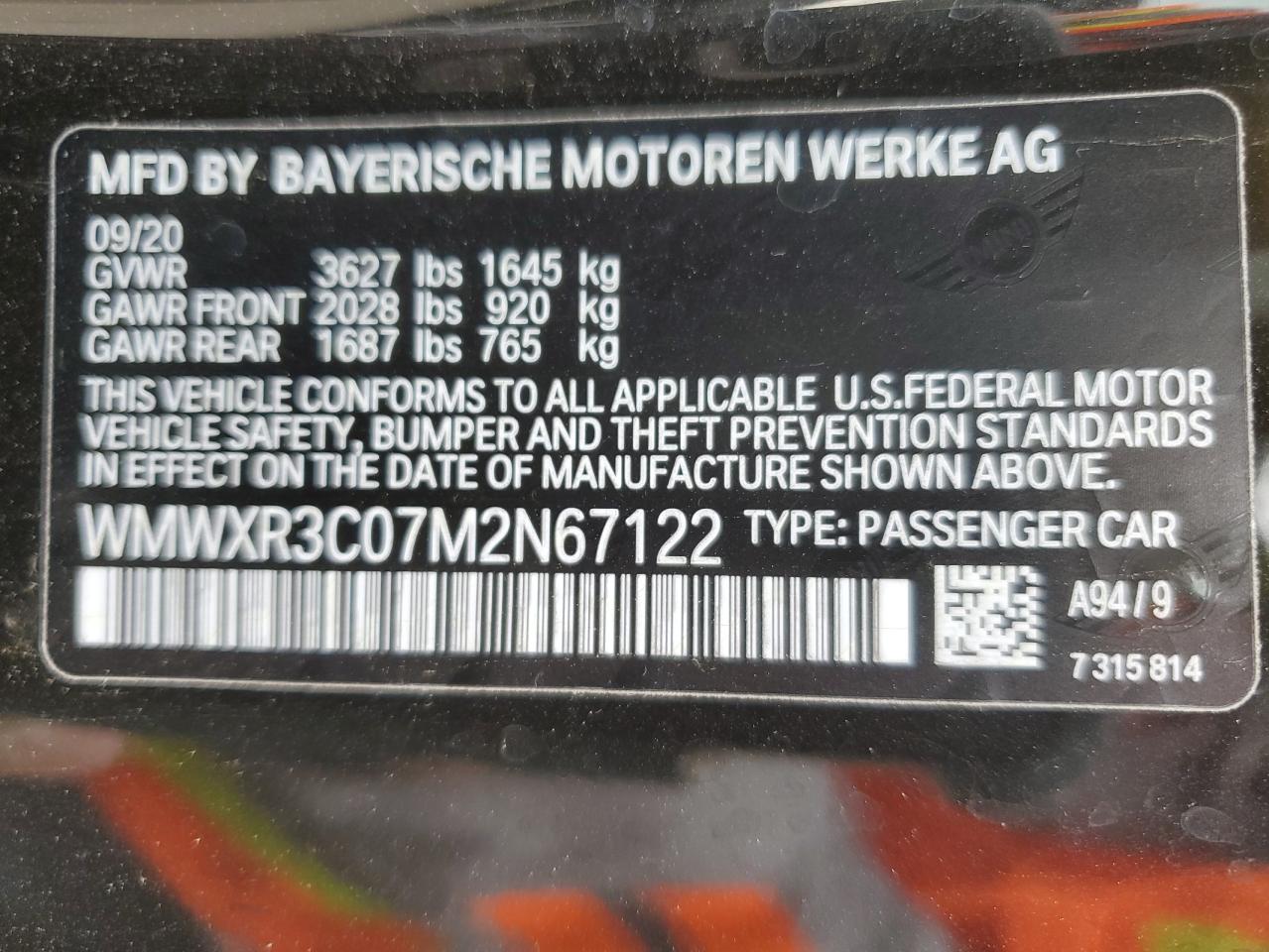 2021 Mini Cooper VIN: WMWXR3C07M2N67122 Lot: 86267695