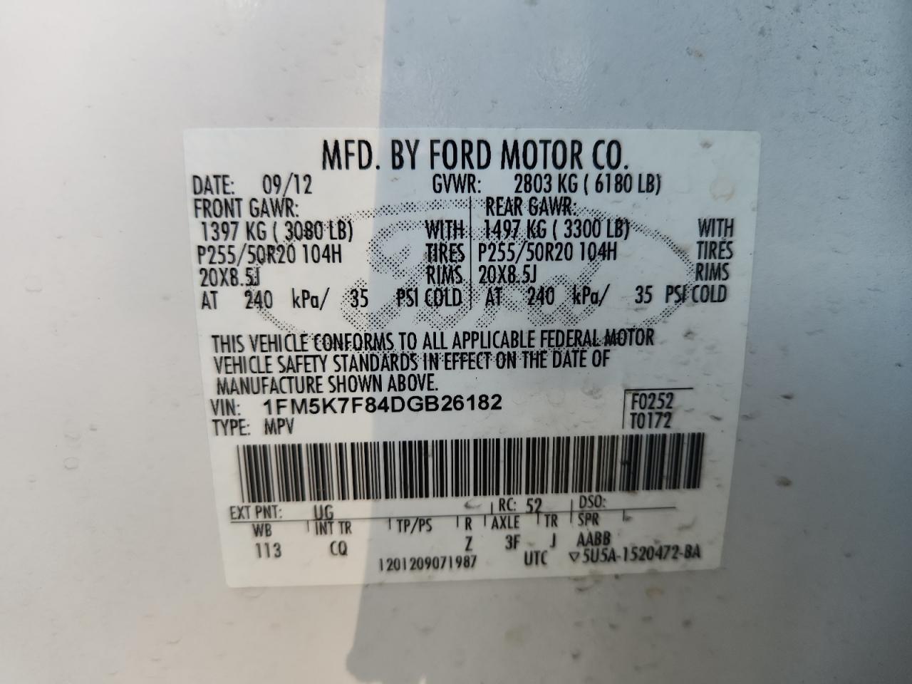 2013 Ford Explorer Limited VIN: 1FM5K7F84DGB26182 Lot: 86101045