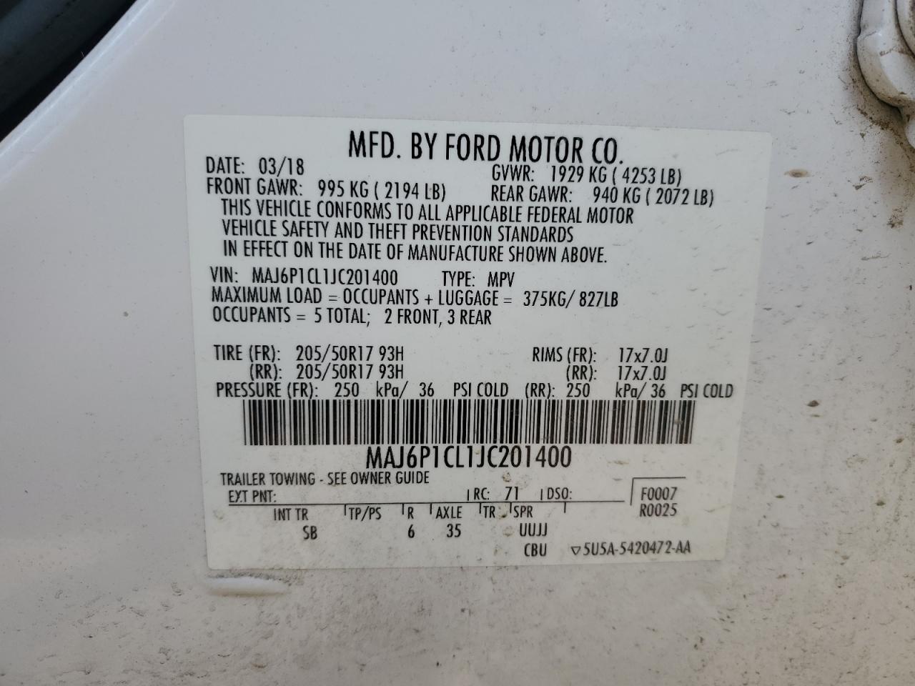 2018 Ford Ecosport Ses VIN: MAJ6P1CL1JC201400 Lot: 89501565