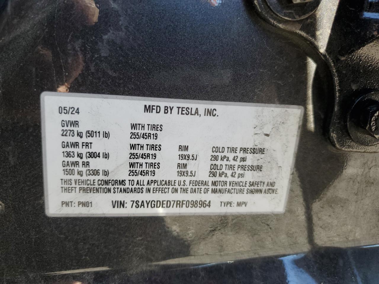 2024 Tesla Model Y VIN: 7SAYGDED7RF098964 Lot: 89918645