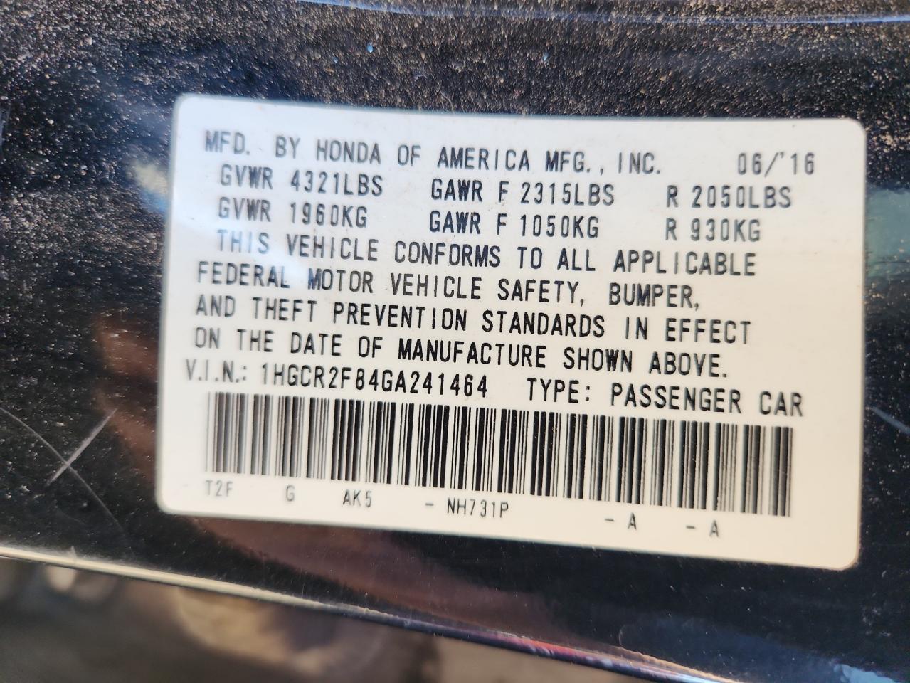 2016 Honda Accord Exl VIN: 1HGCR2F84GA241464 Lot: 86469105