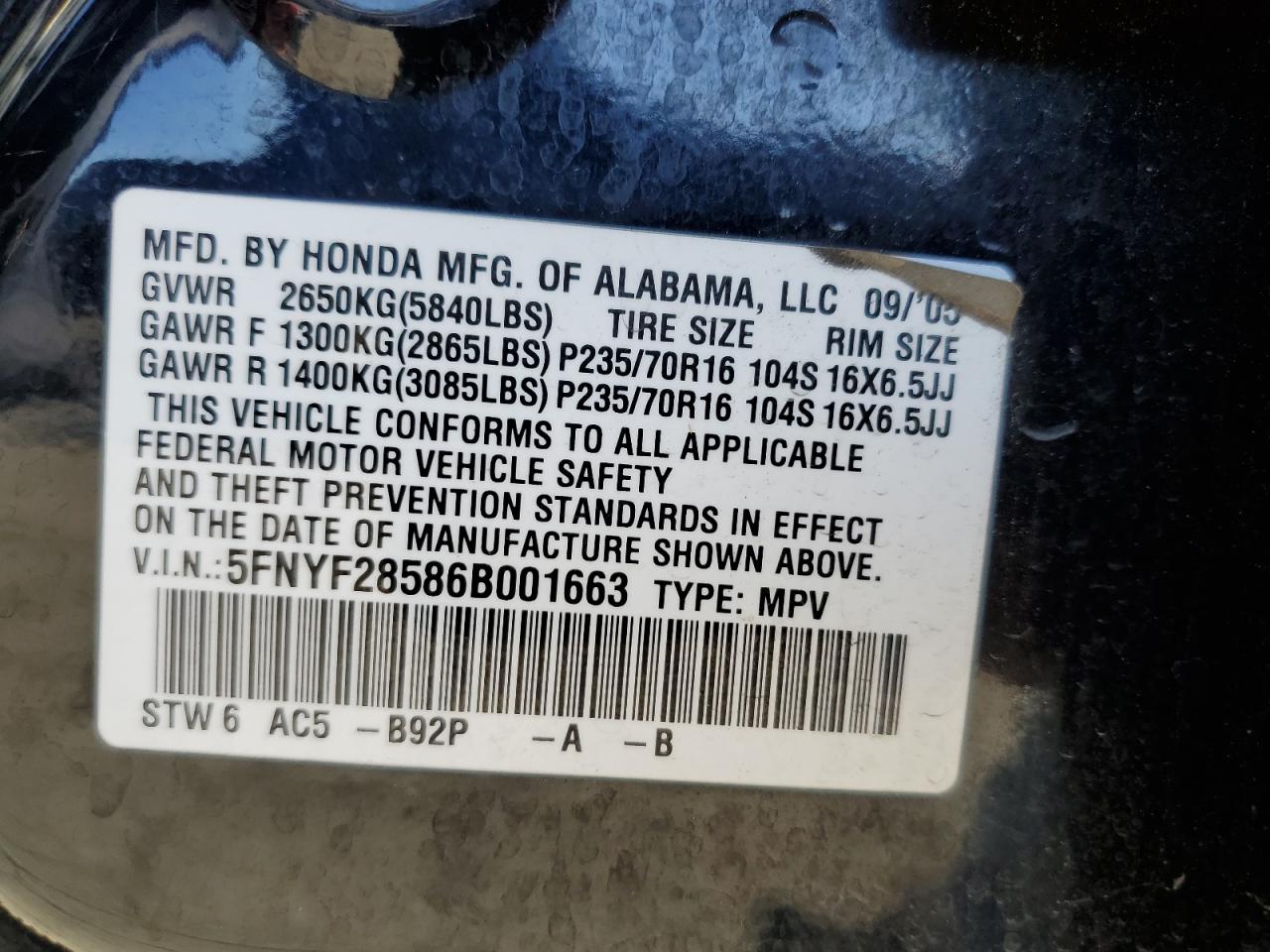 2006 Honda Pilot Ex VIN: 5FNYF28586B001663 Lot: 82587825