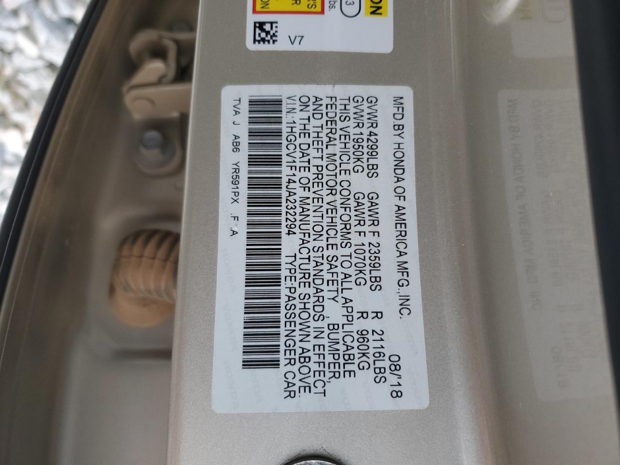 2018 Honda Accord Lx VIN: 1HGCV1F14JA232294 Lot: 85733285