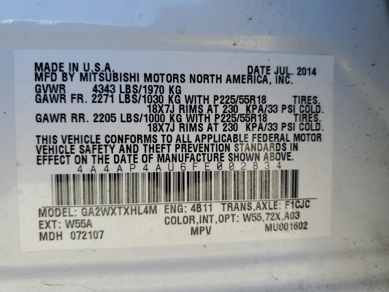 2015 Mitsubishi Outlander Sport Se VIN: 4A4AP4AU6FE002834 Lot: 84422275