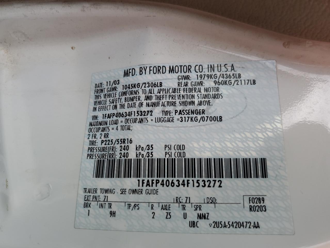 2004 Ford Mustang VIN: 1FAFP40634F153272 Lot: 70546565