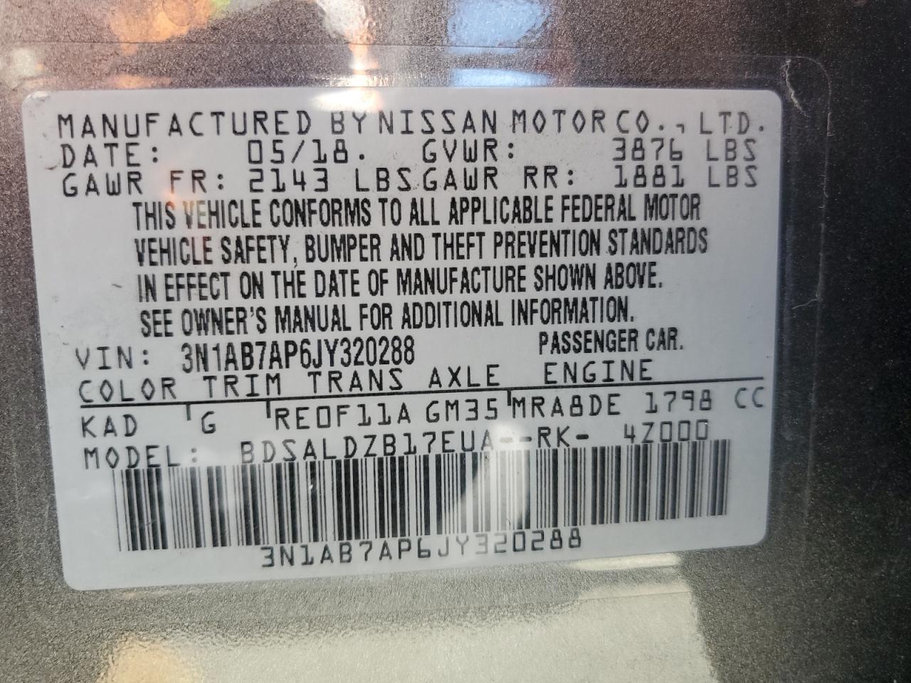 2018 Nissan Sentra S VIN: 3N1AB7AP6JY320288 Lot: 81994465